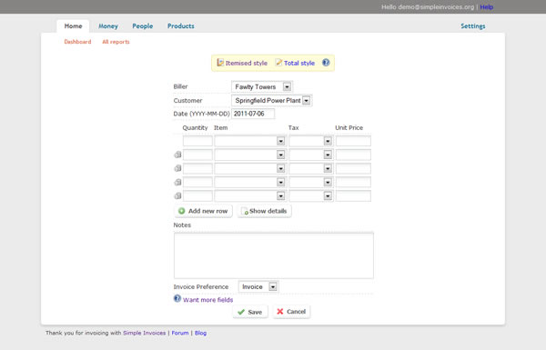 product database in simple invoices